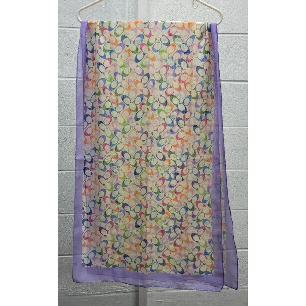 Coach Scarf White Colorful Pastel Logo Sheer Scarf 20" x 64" Long